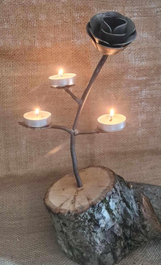 Wrought Iron rose table top tea light holder set in wooden base. Wedding table decoration